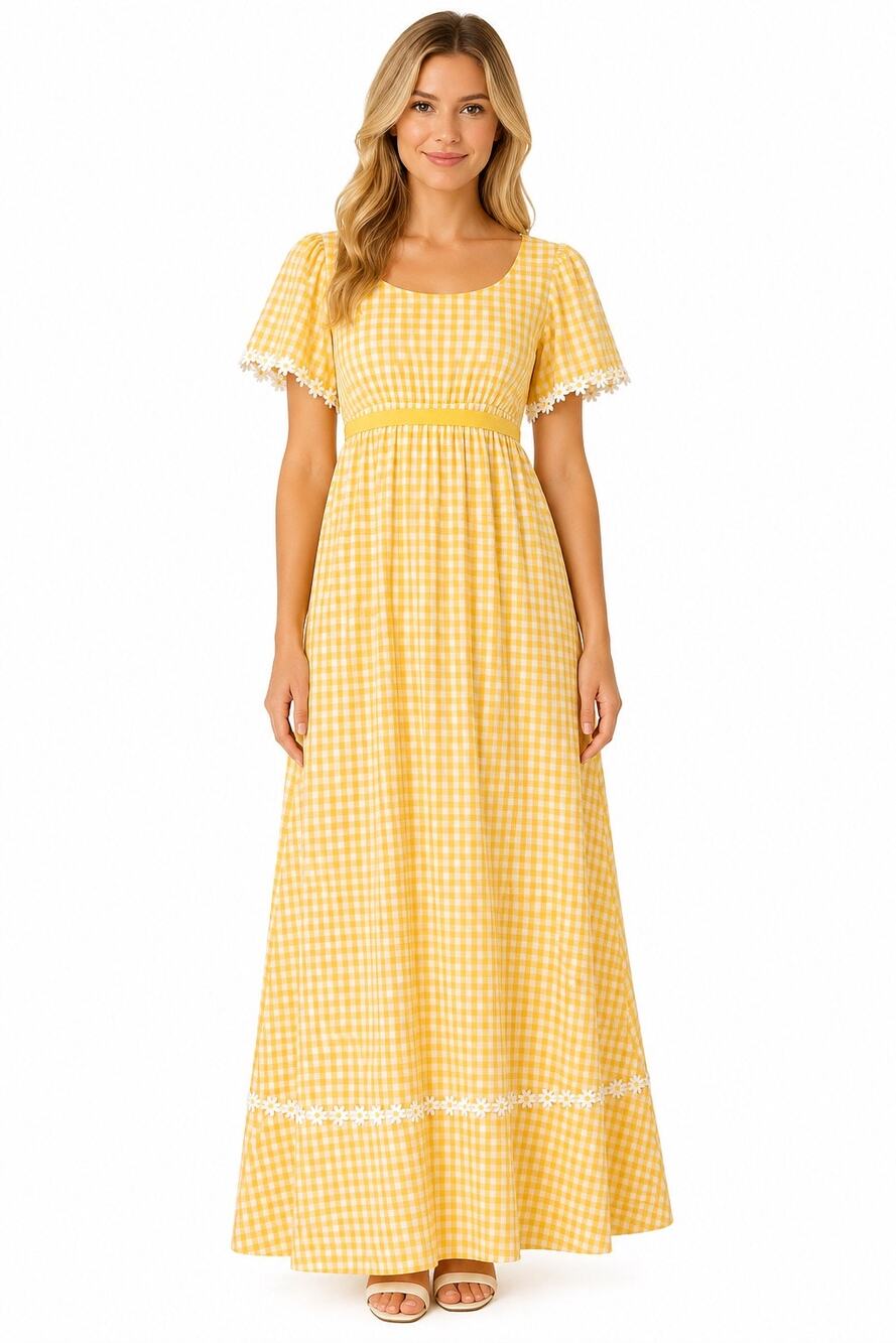 70s Handmade Yellow Gingham Daisy Trim Empire waist Flutter Sleeve Maxi Dress S